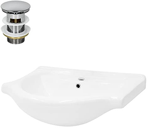 LuxeBath Lavabo in Ceramica Bianco Lucido 67,5 x 21,5 x 51,5 cm Lavandino da Incasso Moderno Bacinella Lavamani per Bagno Lavello con Set di Scarico Standard Cromato