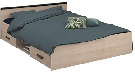 Miroytengo Cama Solstice de Dormitorio Estilo Industrial en Color Roble Jackson y Negro con 2 cajones 135-140x190 cm