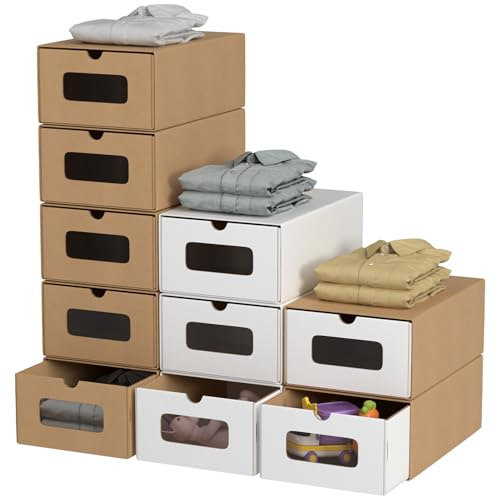 Hebitod Aufbewahrungsboxen mit Sichtfenster, 10er Set, 33x30x35 cm, Stapelbare Schuhkartons aus Pappe, Schuhbox Spielzeug-Box Aufbewahrung für Zubehör & Accessoires, Braun Weiß