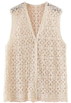 LCDIUDIU Chaleco De Punto De Crochet para Mujer, Largo, Negro, Sin Mangas, Cuello En V, Botones, Cárdigan De Punto con Flores Huecas, Chaquetas De Verano, Chaleco Bohemio Hippie, Camiseta De Playa