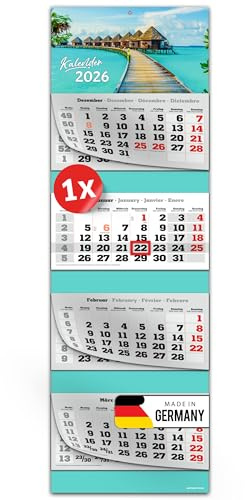 PRIMUS PRINT Calendario XXL 2026 – Calendario de pared – 4 meses – con fecha deslizante, calendario para colgar, incluye días festivos y vacaciones, varios diseños – [1 x Caribe]