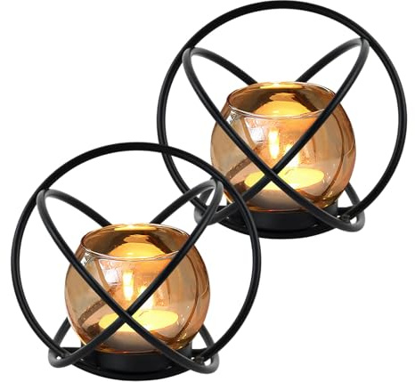 Ziyonix Bougeoir Géométriques en Métal 2 Pièces, Photophores Décoratifs Noirs Modernes, Cylindre en Verre avec Fond en Métal, Photophore D'extérieur pour Salon, Chambre, Jardin, Table à Manger
