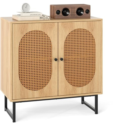 COSTWAY Aparador Buffet de Cocina, Armario de Almacenamiento con 2 Puertas Efecto Ratán, Estante Interior Ajustable en 3 Niveles, Patas de Metal, Mueble Auxiliar Boho para Entrada, Salón, Comedor