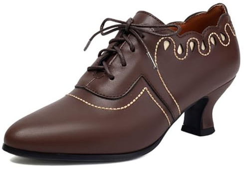 Eestfy Escarpins Oxford Vintage Femmes Talon Bloc Robustes Lacets Brogue Bout Pointu Chaussures à Petit Talon pour Réception de Mariage et Réunion d'affaires,Marron,39 EU