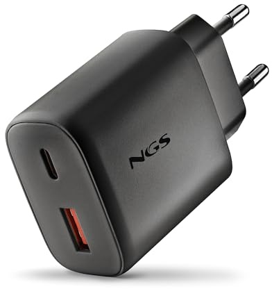 NGS ERA 45W Black – Cargador GAN Pared 45 W, USB-C PD y PPS + USB-A Quick Charge 3.0, Doble Puerto, Carga Rapida, Compacto, Smartphones, Tablets y Portatiles