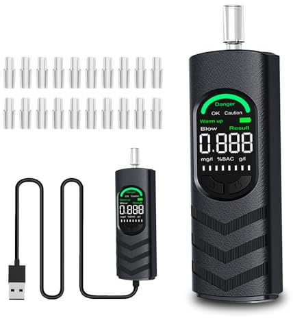 YRHWS Breathalyzer Alcohol Tester with USB Rechargeable and 20 Mouthpieces, Professional Breathalysers Portable Alcohol Breath Tester with Digital LCD Display for Personal & Car Use