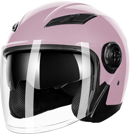 Adult 3/4 Open Face Motorcycle Helmet, Double Visor Motorbike Scooter Ebike Moped Cruiser Helmets for Men and Women DOT Approved (Light Pink, M)