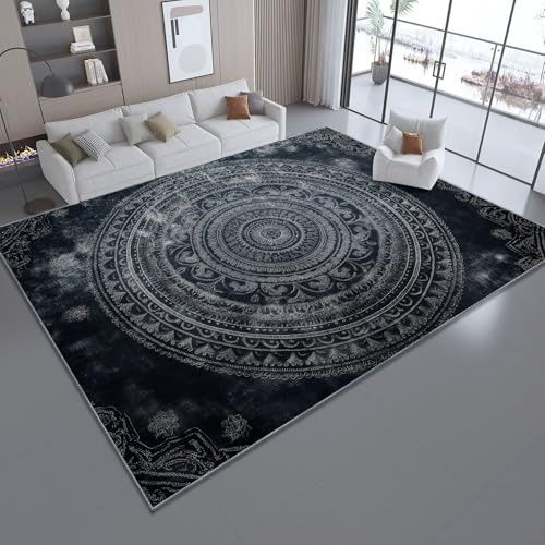 Nero Tappeto Salotto Moderno 60 x 90 cm,Tappeto Soggiorno Lavabile in Lavatrice - Tappeti Antiscivolo Astratto Mandala Invecchiato Carpet Rug per Camera da Letto Sala