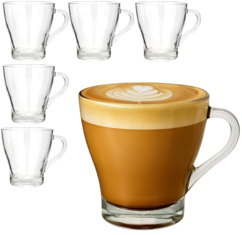 OCEANO Set 6 Tazze in Vetro Trasparente per Cappuccino e Caffè 270ml Design Elegante con Manico Ergonomico Ideali per Bevande Calde, Tè e Tisane Design Moderno Impilabile Lavabili in Lavastoviglie