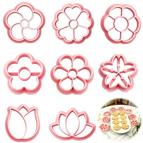 Nify Juego de 8 moldes para galletas, diseño de flores, color rosa, para galletas, fondant, decoración de repostería, manualidades, 3,6 – 4,7 cm