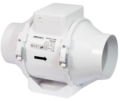 Airflow Aventa 100B In-Line Mixed Flow Extractor Fan – 21W Energy-Saving Ventilation, 40-52 l/s (145-187 m³/h) Flow Rate, IPX4 Rated, Compact Design (190x246x126 mm), Fits 100mm Duct, 3-Year Warranty