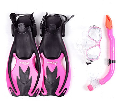 Two Bare Feet Snorkel, Mask and Fins/Flippers PVC Diving Set (Kids) With Anti Fog and Wide View Mask, Anti-Leak, Tempered Glass- Scuba Dive Snorkelling Sets (S/M (Childs 9-13), Pink)