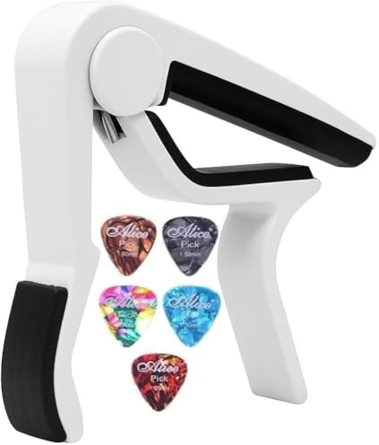 AKORD Quick Change Capo + 5 Picks for 6-String Acoustic & Electric Guitars, Classical Guitar & Ukulele – One-Handed Trigger Design, No Buzz, Lightweight & Durable – White