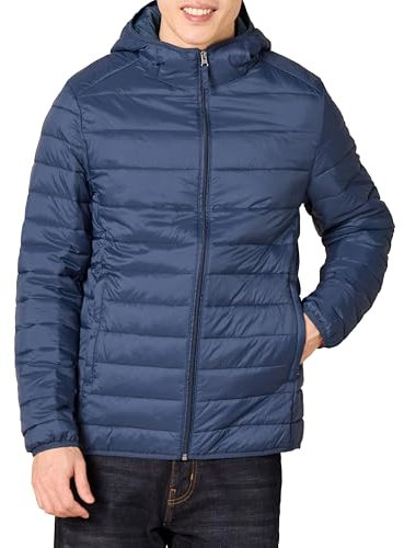Amazon Essentials Chaqueta Acolchada con Capucha, Plegable, Ligera y Resistente a la Lluvia Hombre, Azul Marino, L