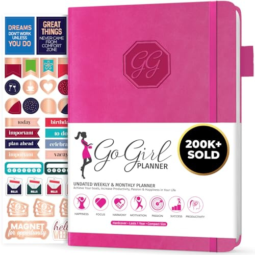GoGirl Planner Pour Femmes - Agenda Hebdomadaire Format Compact, Journal Des Objectifs et Agenda Pour Améliorer la Gestion Du Temps. Non Daté - Commence à n'importe Quel Moment, Dure 1 An - Rose Vif