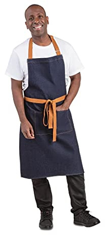 Southside Chef Bib Apron, Denim Blue with Tan Ties - Adjustable Neck Buckle and Straps B980