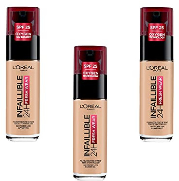 L'Oréal Paris Grundierung Infaillible 24H Fresh Wear Make-up 125 Natural Rose, 3er Pack (3 x 30 ml)