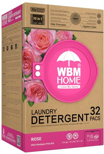 WBM 10-in-1 Laundry Detergent Pods, Ultra Concentrate, Powerful Stain Lifter, Fabric Softener, Rose Scent, 32 Count, HE Compatible, Eco-Friendly, Gentle