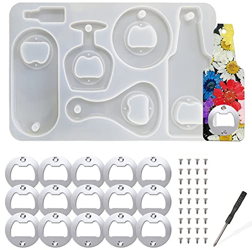 MaehSab Ensemble de moules en silicone pour décapsuleur en résine, moules pour porte-clés en silicone époxy + 15 pièces d'inserts métalliques pour décapsuleur, moules de fabrication artisanale pour