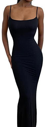 Felcia Women Spaghetti Strap Sleeveless Long Dress Solid Color Bodycon Fish Tail Dress Party Evening Maxi Dress (Black, S)