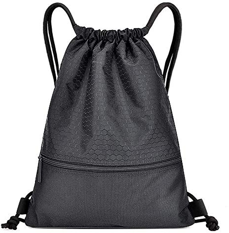 Gsogcax Drawstring Bags, 15L Waterproof Drawstring Gym Bag, Swimming PE Sack Drawstring Bag for School Girls Boys Backpack, Shopping Yoga School Beach Football, Black