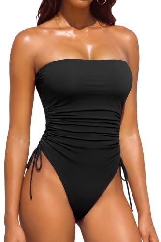 Yonique Women One Piece Tummy Control Swimsuit Strapless Bandeau Bathing Suit Cheeky Swimwear, Pure Black, Small