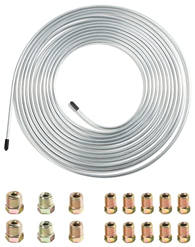 YAKEFLY 25 Ft. 3/16 Copper Nickel Brake Line,Rustproof Brake Line Tubing Kit,Flexible Copper Coated Brake Line Tubing Coil with 16 Inverted Flare Fittings for Hydraulic Fuel Transmission (Silver)