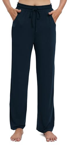 EXCHIC Damen Freizeit Elastische Gerades Bein Hose Lounge Mittel Taille Weite Yoga Hosen mit Taschen(S, Navy Blau)
