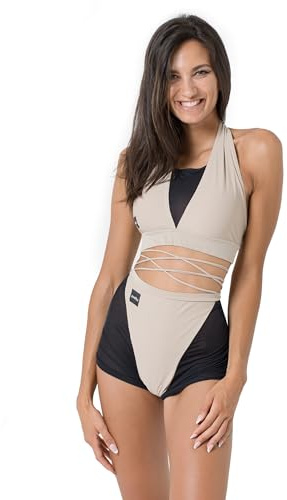 Invertika Completo Donna Top e Shorts Unica Pole Dance Sportivo con Retina e Sgambatura Regolabile con Lacci. Made in Italy (XS, Beige)