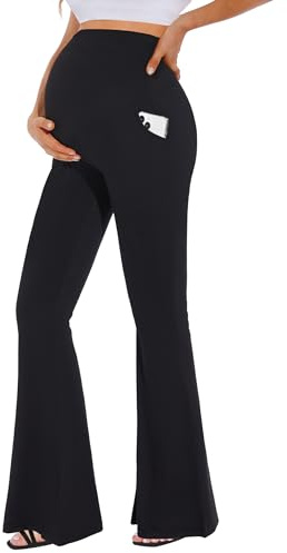 MUSIDORA Leggings a zampa premaman morbidi con tasche sopra la pancia/pantaloni a campana a vita alta per yoga casual, nero, XX-Large