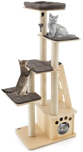 Maxmass Cat Tree, 170cm Tall Kitten Scratching Post with Condo, Platform, Perch, Ladder, Washable Cushions & Toy Balls, Indoor Wooden Kitty Tower for Climbing, Playing, Sleeping