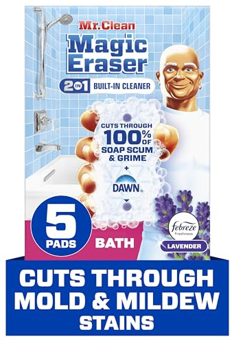 Mr. Clean Magic Eraser Sponge, Bathroom Cleaner, Shower Cleaner, Tub Cleaner, Soap Scum Remover, Bathroom Cleaning Supplies, Dawn Cleaning Power with Febreze Lavender Scent, 5ct
