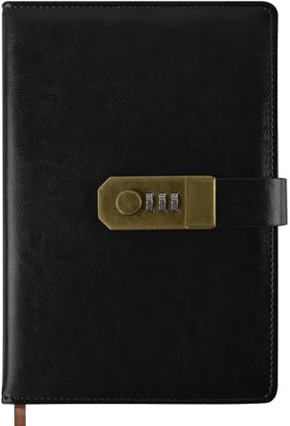 Qefuna Tagebuch mit Schloss, A5 PU Leder Tagebuch mit Code 200 Seiten, 100Gsm Papier, Vintage Reading Journal Tagebuch mit Schloss für Frauen & Männer,(Schwarz)