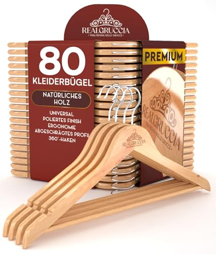 80 Grucce Appendiabiti in Legno Naturale per Vestiti Abiti Giacche Camicie - RealGruccia Barra porta Pantaloni Tacche Antiscivolo e Gancio Girevole 360° - Finitura Lucida e Profilo Smussato - 22x45cm