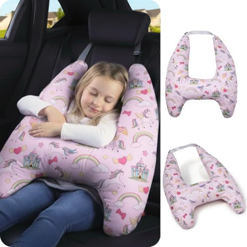 eaonitu Travel Pillow Car Cushion for Kids 6 Years Old+ Shoulder Neck Back Support & Seat Belt Comfort, Road Trip Cozy Sleeping Gift for Young Travelers, Parents, Families, Baby Shower (Unicorn Pink)