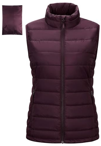 Outdoor Ventures dam quiltad väst packbara övergångsvästar fodrad hybrid sportväst dam varm kroppsvärmare cykelväst med ståkrage för vandring camping, lila, XS