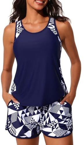 Summer Mae Blouson Tankini Swimsuits for Women 2026 Tummy Control Two Piece Bathing Suits with Sporty Pockets Swim Shorts Cube Size 12