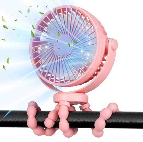 PaPaFboy Ventilador Portátil para Cochecito 5200mAh 40 Horas, Ventilador Carrito Bebe Recargable con Batería, 3 Velocidade 360°Rotación USB Fan para Cochecito,Coche,Viajes,Camping Rosa