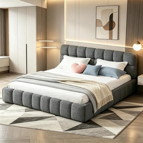 Lit rembourré Bubble 140 x 190 cm avec sommier et dossier doux, lit plat pour invités, lit pour adolescents pour la chambre et la chambre d'amis (sans matelas) (Gris, 140 x 190 cm)