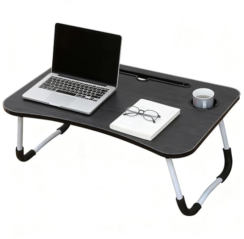 Unibos Foldable Laptop Table for Bed with Drawer, Cup Holder & Tablet Slot – Portable Lap Desk Tray, MDF Wooden Bed Table with Anti-Slip Legs for Sofa, Work, Gaming, Breakfast & Study