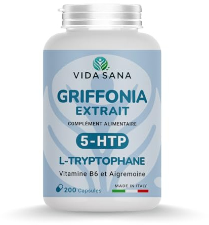 Griffonia 5htp Tryptophane pur Anti-stress anxiété angoisse Adulte Naturel, Contre Anxiété et Angoisse Sommeil Réparateur,Facilite la synthèse de sérotonine et Humeur Positive – Puissant Sérénité