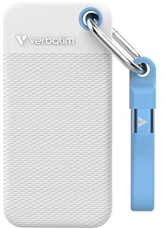 Verbatim Pocket SSD - Disco Duro Externo (2 TB, USB 3.2 Gen 2, hasta 1000 MB/s de Lectura y Escritura, Incluye 2 Fundas de Goma, Color Blanco y Azul Claro), Color Blanco