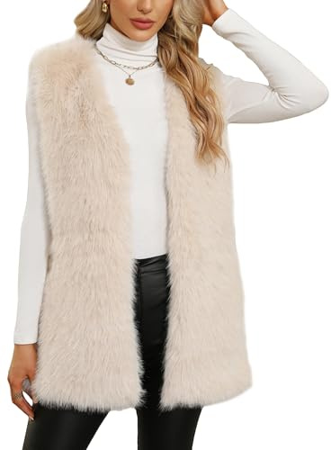 FEOYA Fellweste Damen Elegant Lang Teddy Fleece Weste Kunstpelz Weste Plüschweste Ärmellos Winterjacke Pelzweste Flauschig Cardigan Beige XL
