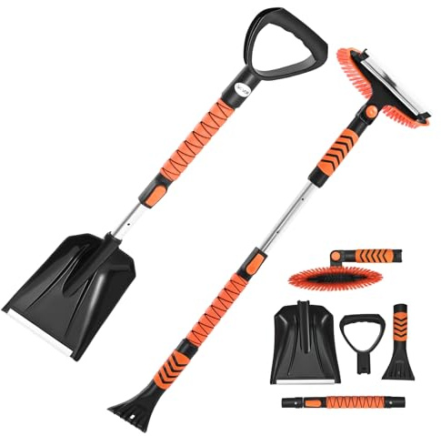VEVOR Kit de Pala y Cepillo para Nieve Extensible, Pala Quitanieves Ancho de 25 cm, Raspador de Hielo con Cabezal Giratorio de 180°, Agarre Antideslizante, Portátil para Quitar Nieve de Coche, Camión