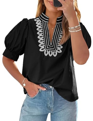 Cicy Bell Womens Puff Short Sleeve Blouses Summer Casual Dressy Embroidered V Neck Tops Loose Fit Tee Shirts Black