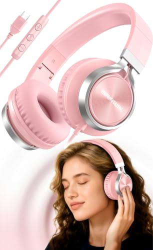 INFURTURE Auriculares USB C con micrófono, control de volumen, línea trenzada sin enredos, auriculares tipo C con cable, ligeros y plegables para iPhone 15/16, serie de auriculares, tablet, escuela