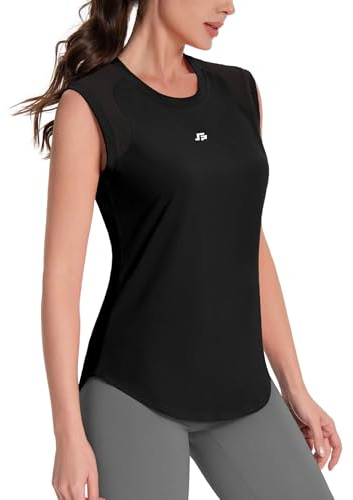 ANGEL CITIZ Gym Sleeveless Tops for Women UPF 50+ Sport Tank Tops Womens Running Shirts Yoga Vest Shoulder Mesh Breathable Black