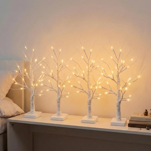 Set of 4 White Christmas Tree with Lights 2FT Mini Birch Twig Tree Ornament with 24 Warm White LEDs Battery Operated Tabletop Decoration for Christmas Home Party Wedding