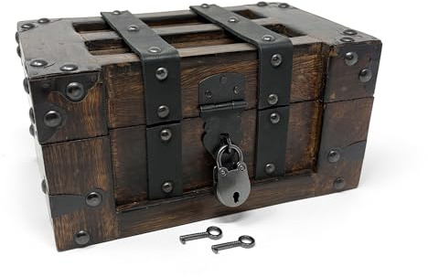 Nautical Cove Deluxe Handmade Rectangular Wooden Treasure Chest – Flat Lid Design with Real Leather Accents, Working Iron Lock & Skeleton Keys, Decorative Storage Box (Small - 8 × 5 × 4)