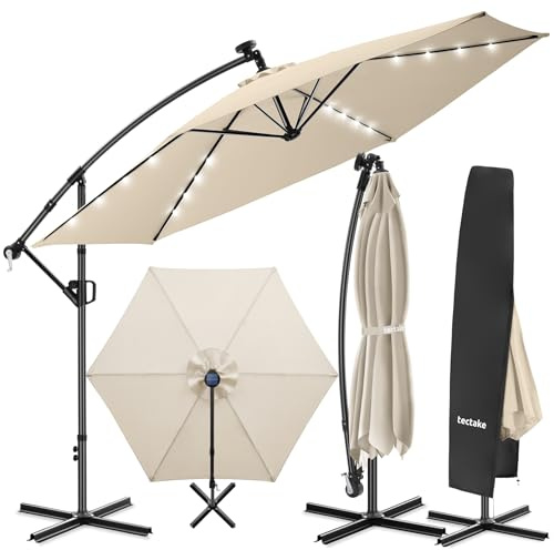 tectake® Ombrellone da Giardino 3,5x3,5 m, Ombrellone a Braccio Girevole 360°, Strisce Led Energia Solare, Protezione UV 50+, Idrorepellente, Inclinabile, Base in Acciaio a Croce, Manovella - Beige